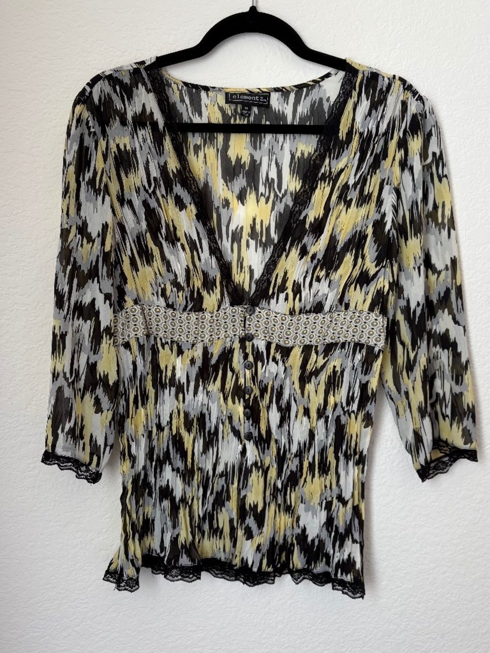 Elementz Y2K Yellow Black Abstract Print Sheer Lace Blouse M